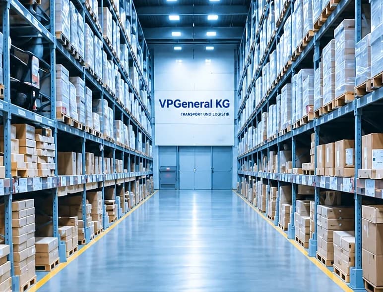 Lagerhalle der VPGeneral KG mit Hochregalen und verpackten Waren
